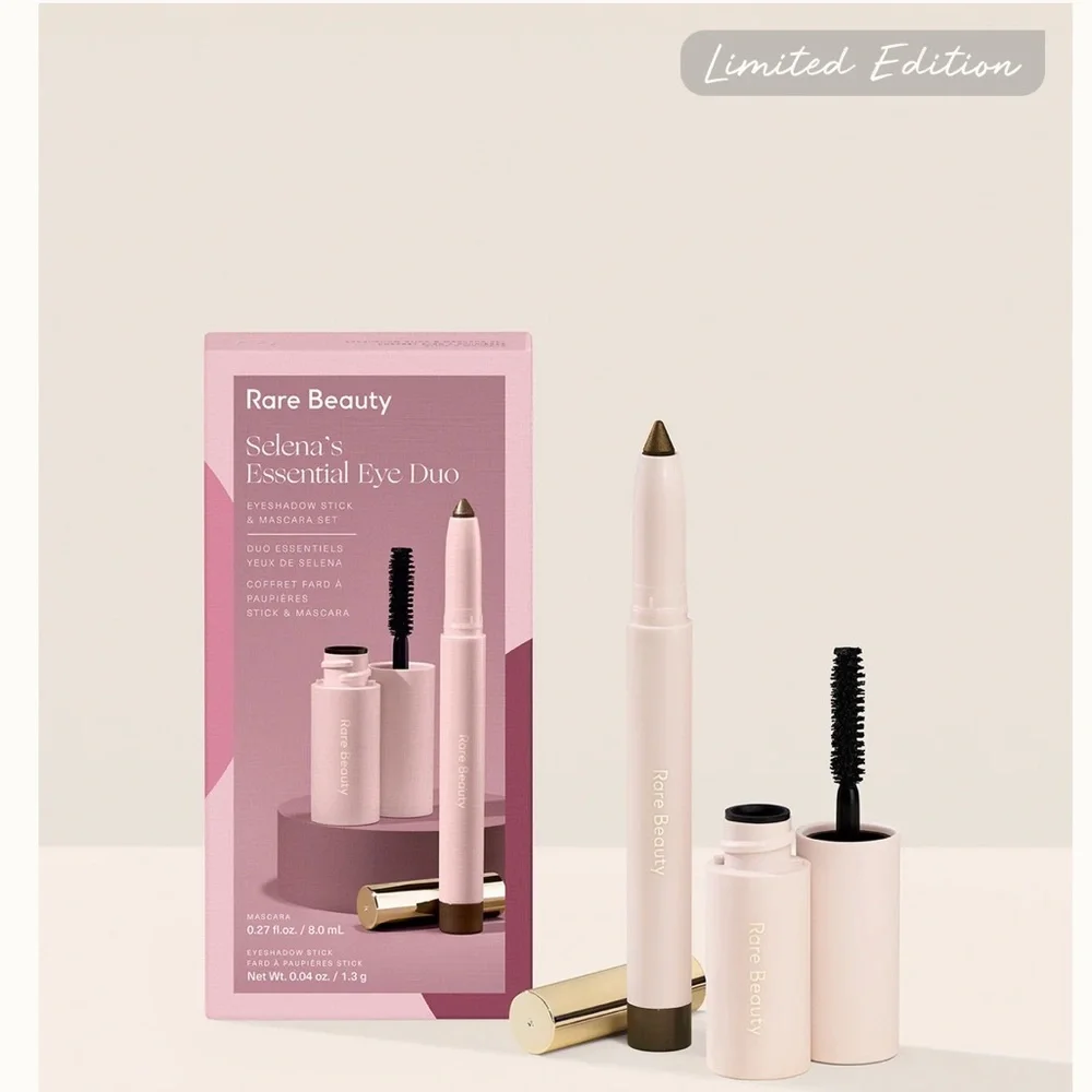 Rare Beauty Selena’s Essential Eye Duo eyeshadow deep golden olive+ mascara